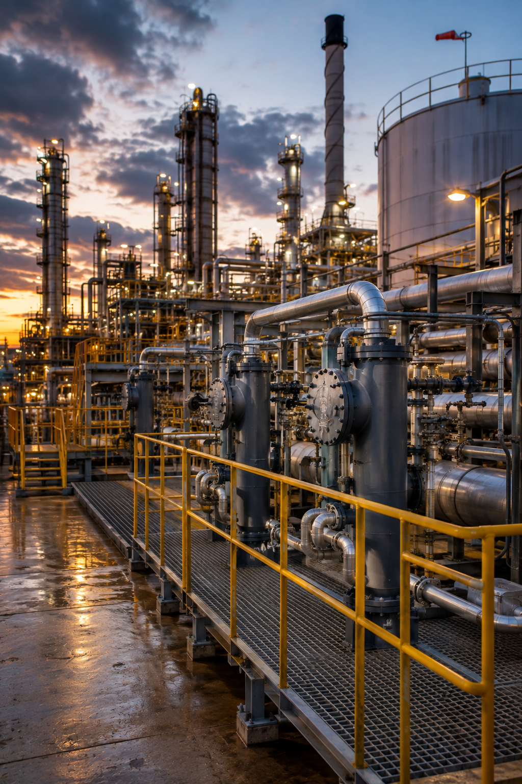 Image needed: Refinery process plant with distillation columns and pipework